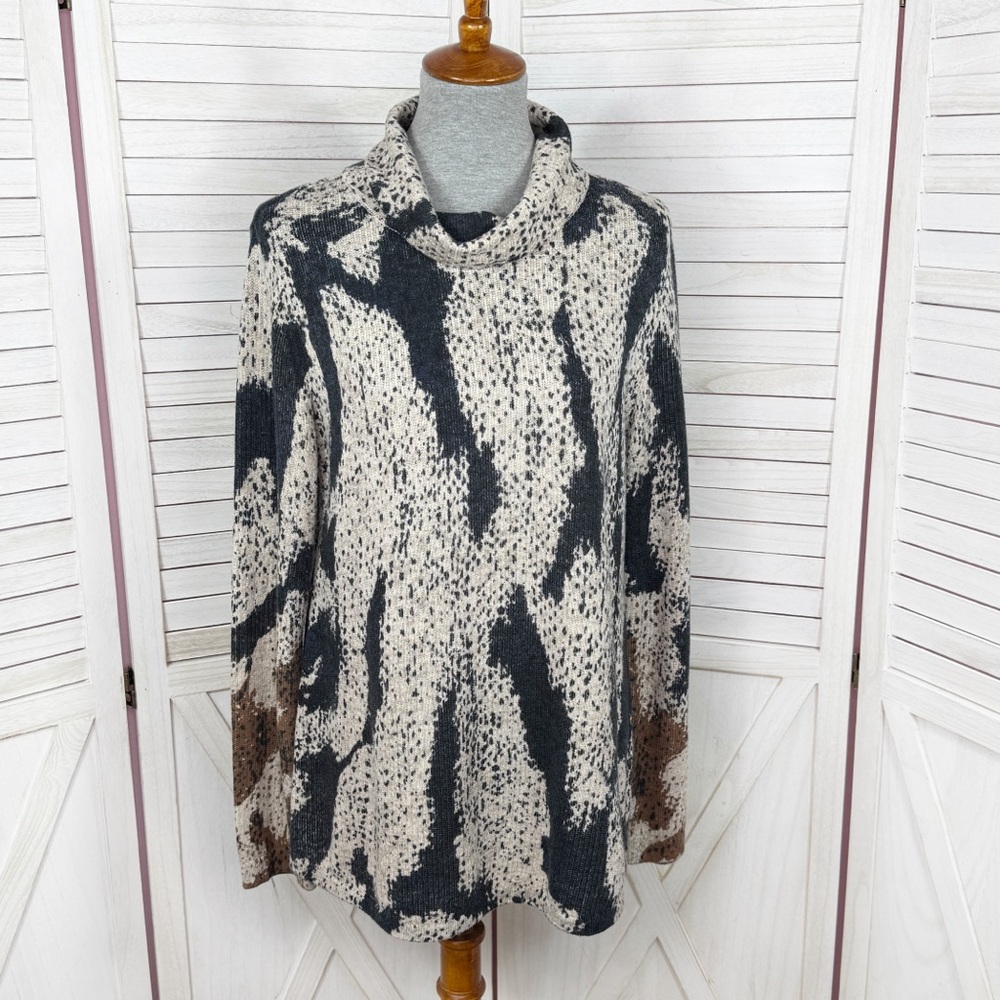 Nic+Zoe‎ Tundra Turtleneck Pullover Sweater Indigo Tan Black Medium